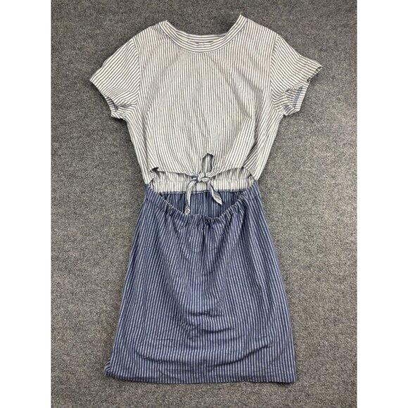 RVCA Dress Womens Medium Blue White Striped Tie Waist Short Sleeve Casual Summer - Picture 1 of 6